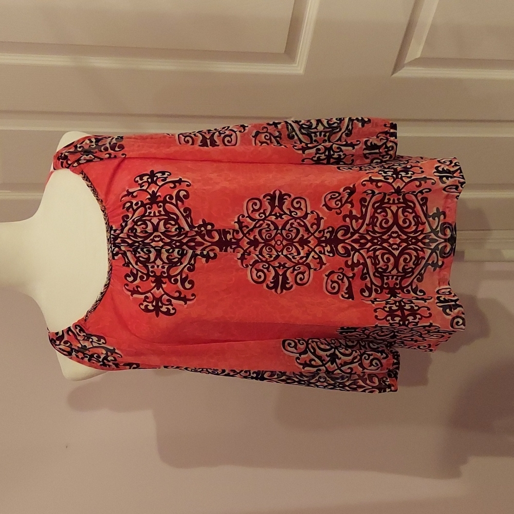 INC International Concepts Coral Cold-Shoulder Blouse with Black Scroll Print
